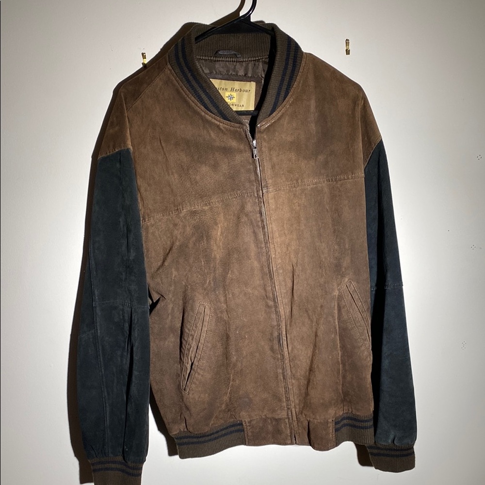 Brown and Black Bomber Jacket with Suede Texture and Stand-Up Collar